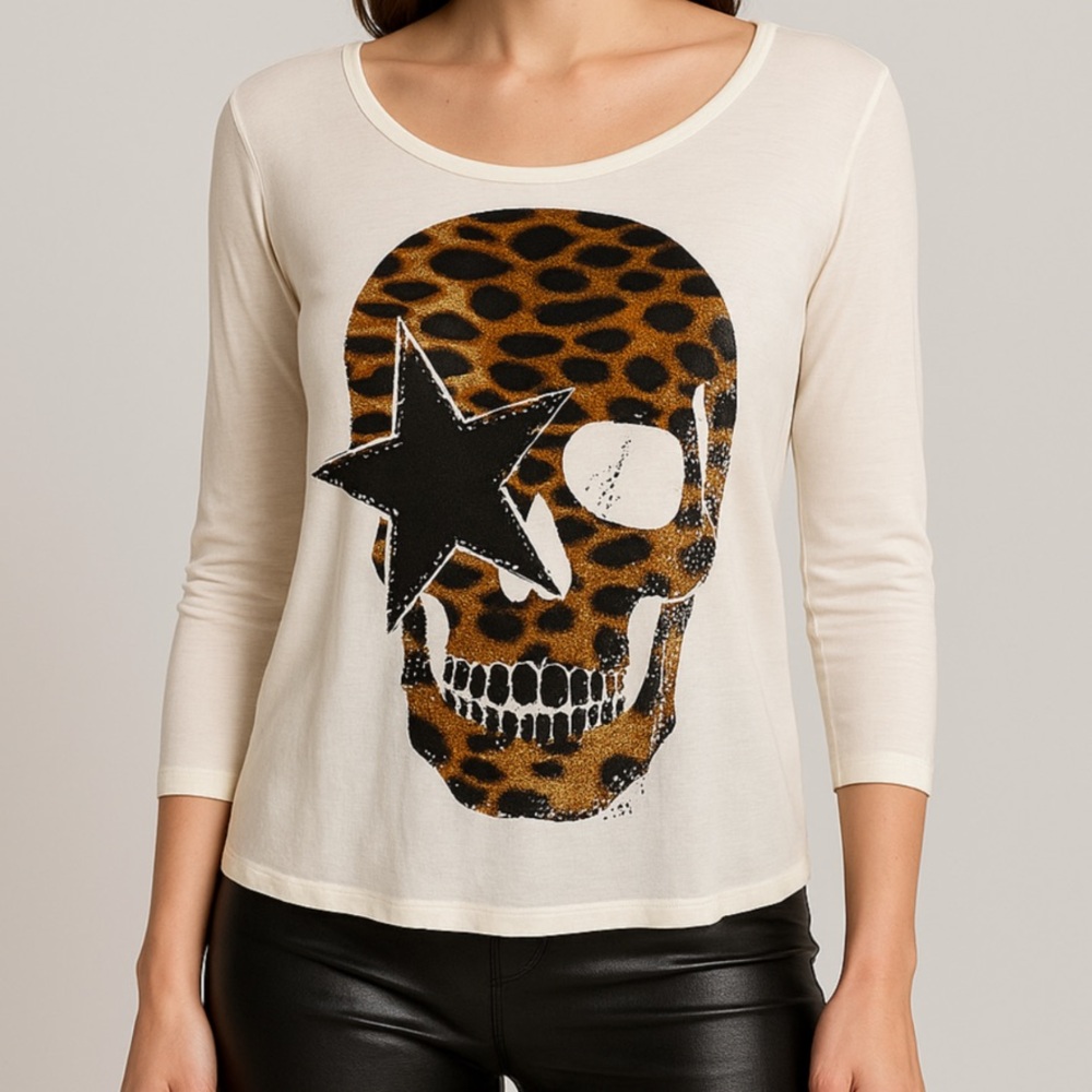 Stretchy Leopard Skull Print Women's Top - Cream